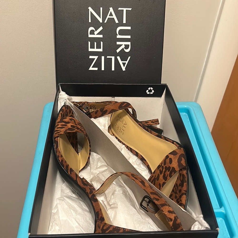 Naturalized cheetah open toe heels
